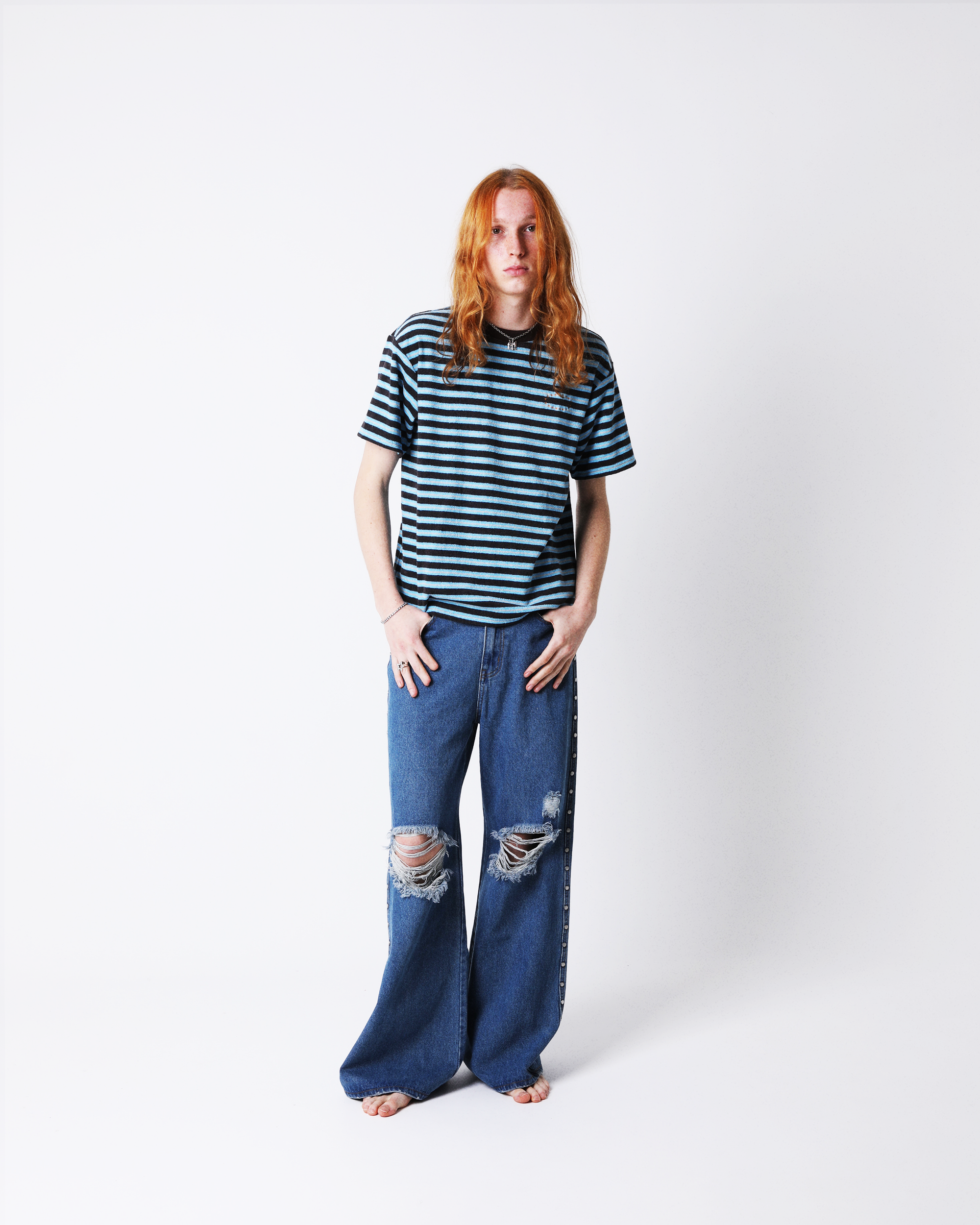 BAGGY DAMAGED STUDDED DENIM PANTS